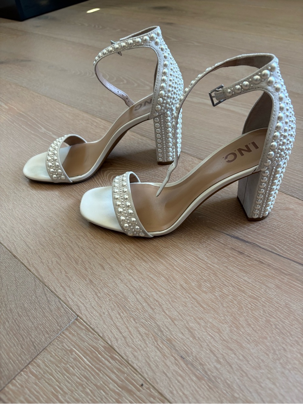 INC International Concepts Ivory Pearl-Trim Block Heel Sandals